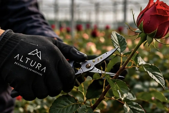 Corte manual de una rosa en el invernadero de una finca asociada