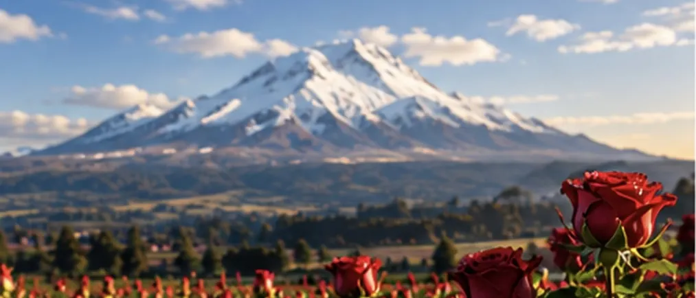 Cultivo de rosas de altura al pie de un volcán nevado